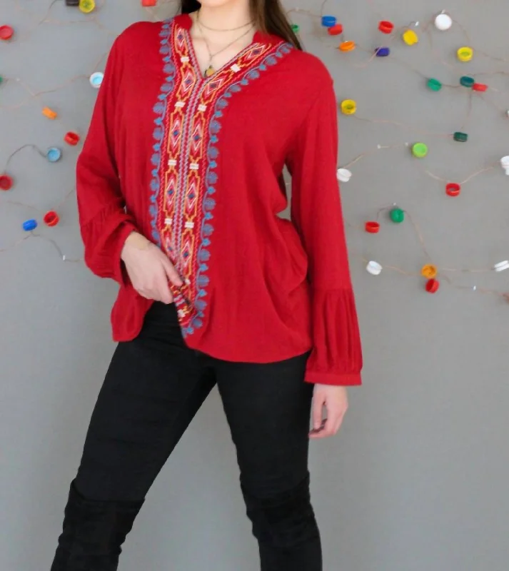 V Neck Embroidery Pullover In Red