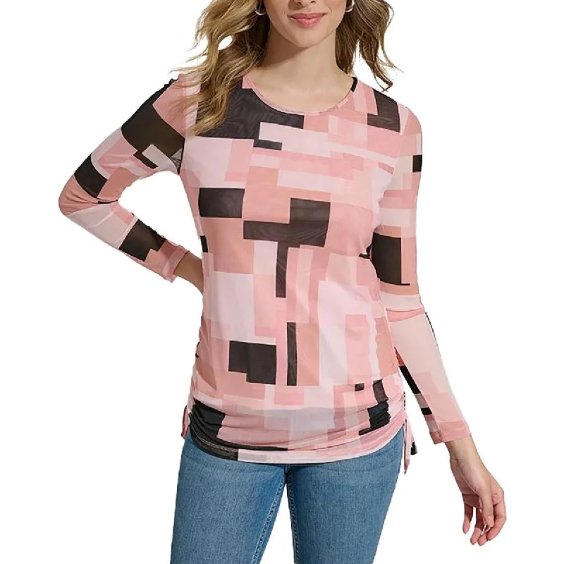 Womens Printed Mesh Pullover Top