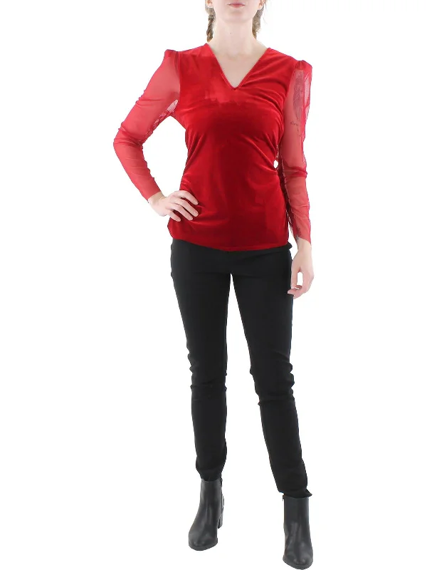 Womens Mixed Media Velvet Pullover Top