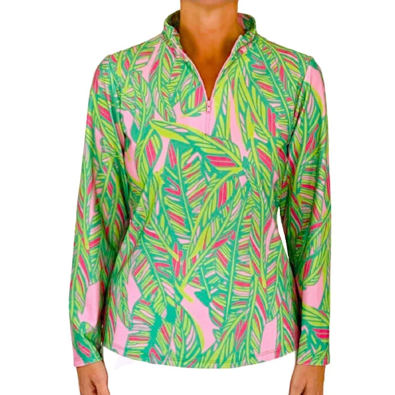 Ana Maria Pullover In Abstract Leaves Pink And Lime