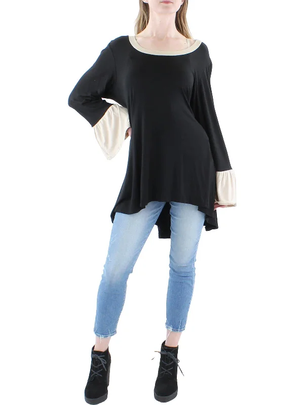 Plus Womens Ruffled Sleeves Contrast Trim Pullover Top