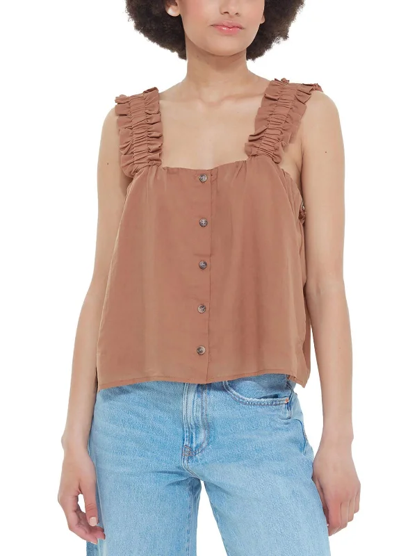 Womens Ruffled Button Pullover Top