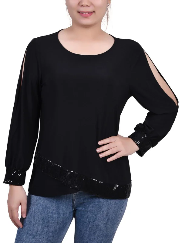 Petites Womens Jersey Embellished Pullover Top