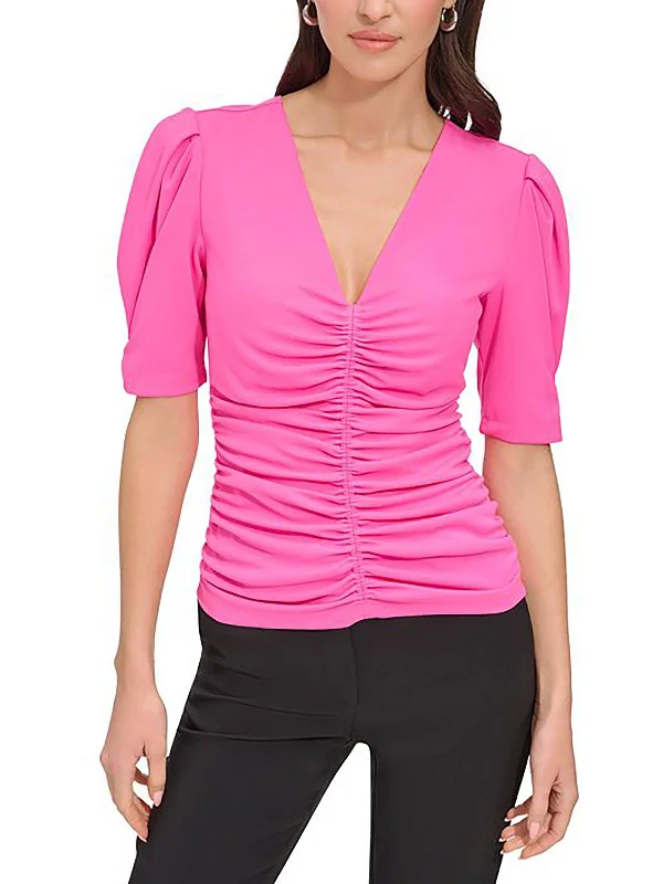 Womens Ruched V Neck Pullover Top