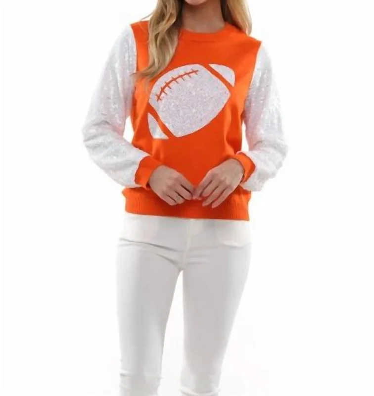 Football Sequin Sleeve Pullover In Orange/white