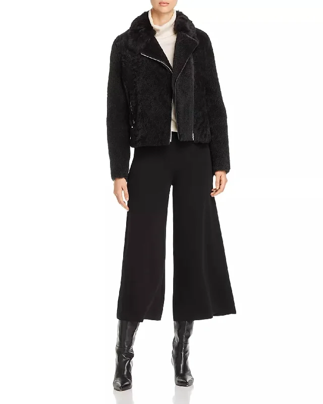 Women's Lamb Shearling Short Moto Jacket In Black