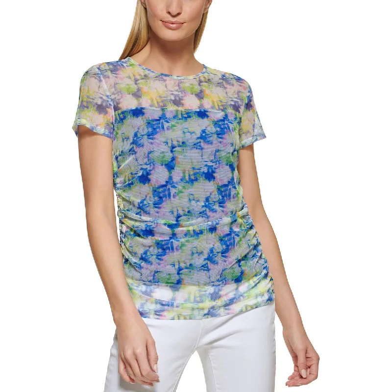 Womens Sheer Mesh Top Printed Pullover Top