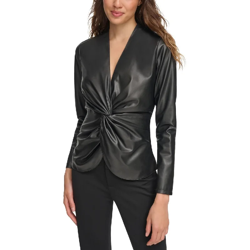 Womens Leather Twist Front Pullover Top