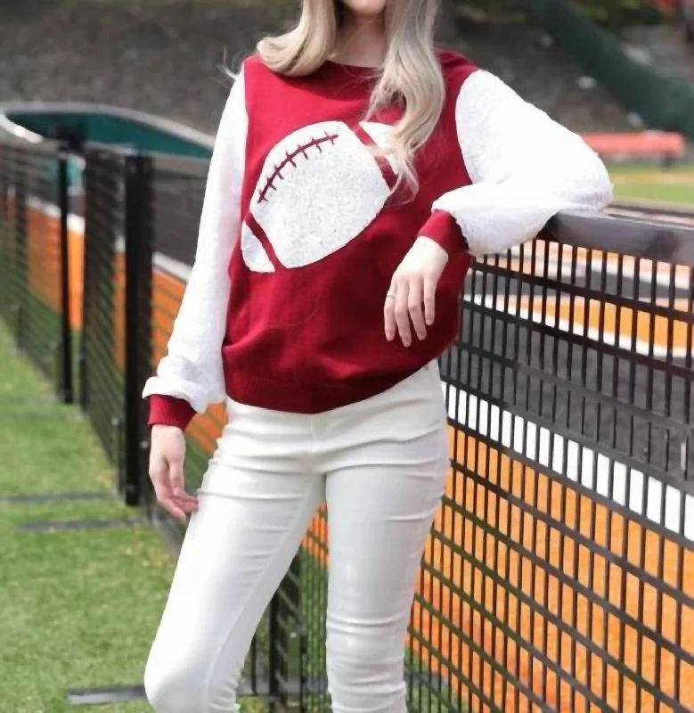 Football Sequin Sleeve Pullover In Crimson/white