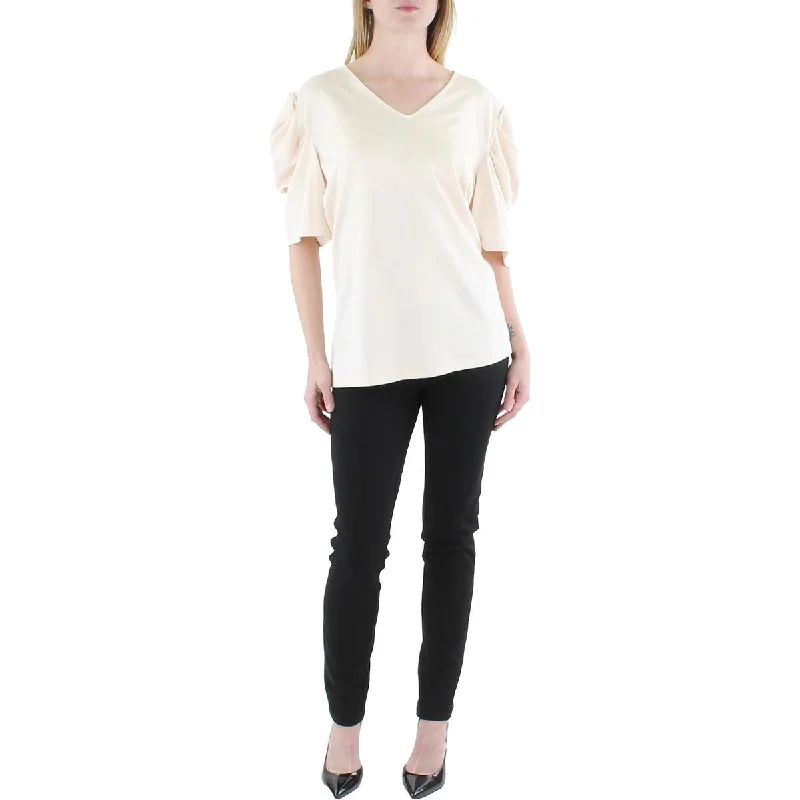 Womens Puff Sleeve V-Neck Pullover Top