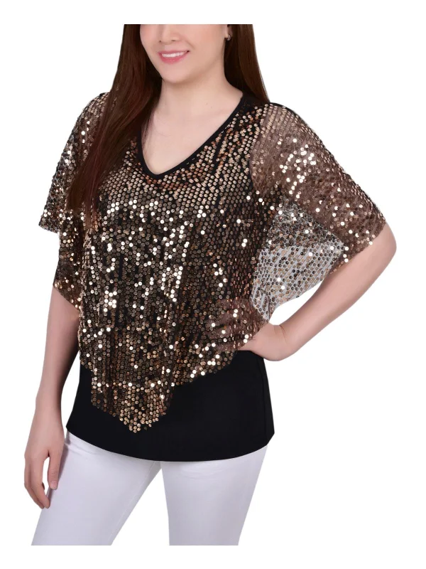 Petites Womens Sequined Poncho Pullover Top