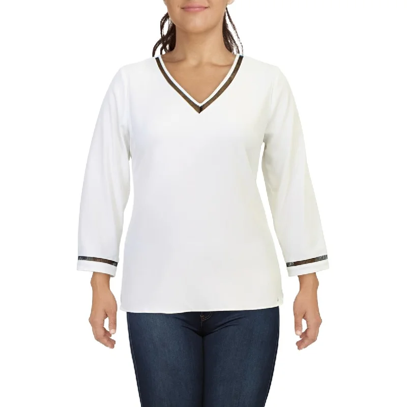 Womens Mesh Inset V-Neck Pullover Top