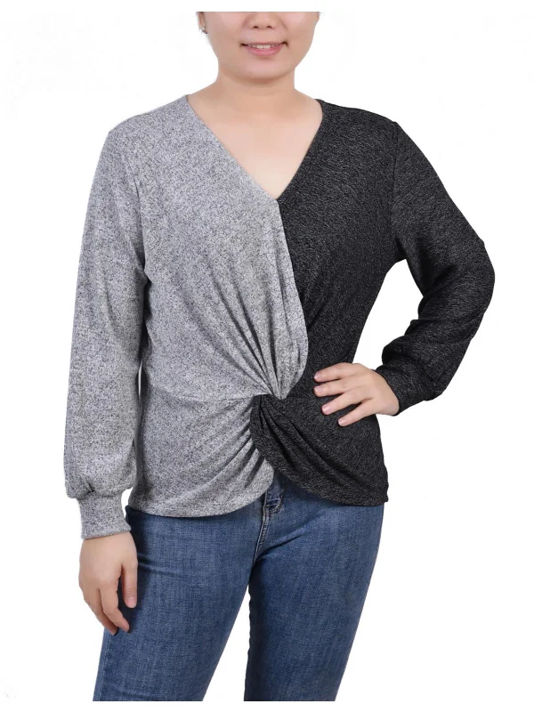 Petites Womens Colorblock Pullover Top