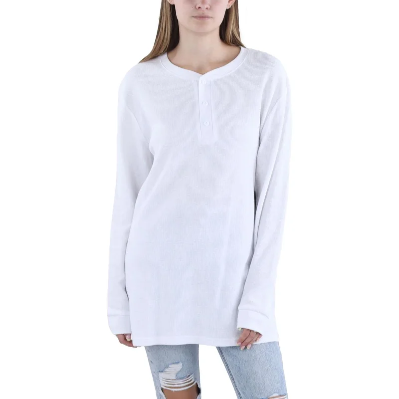 Womens Half Button Textured Pullover Top