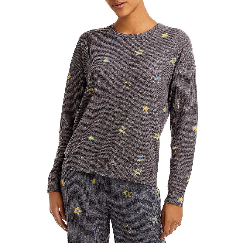 Womens Star Print Waffle Pullover Top