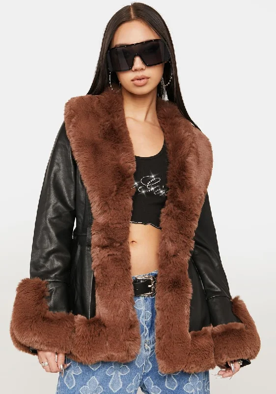 Brown Kenzy Faux Fur Trim Peplum Coat