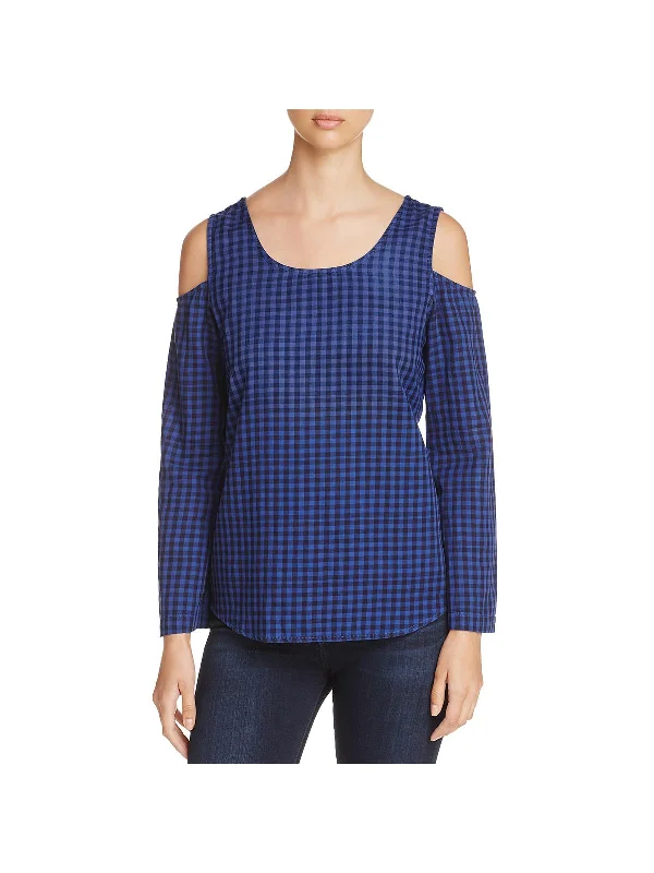 Womens Cold Shoulder Plaid Pullover Top