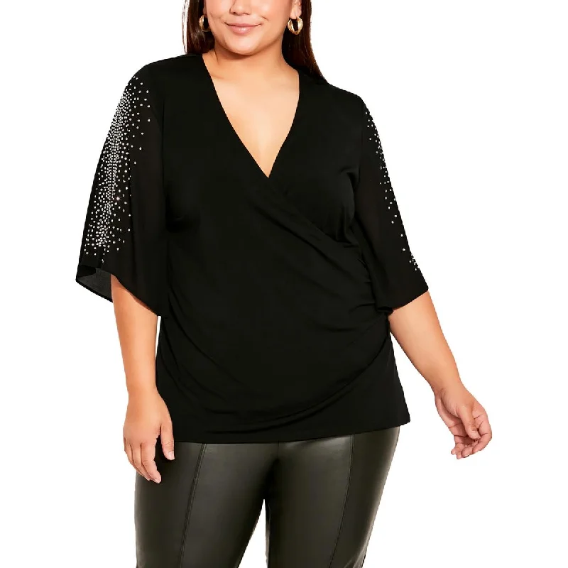 Plus Womens Matte Jersey Rhinestone Pullover Top