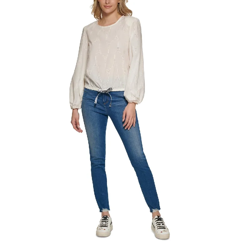 Womens Eyelet Round-Neck Pullover Top