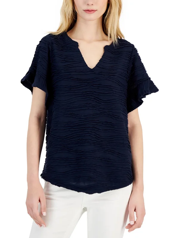 Plus Womens Flutter V Neck Pullover Top