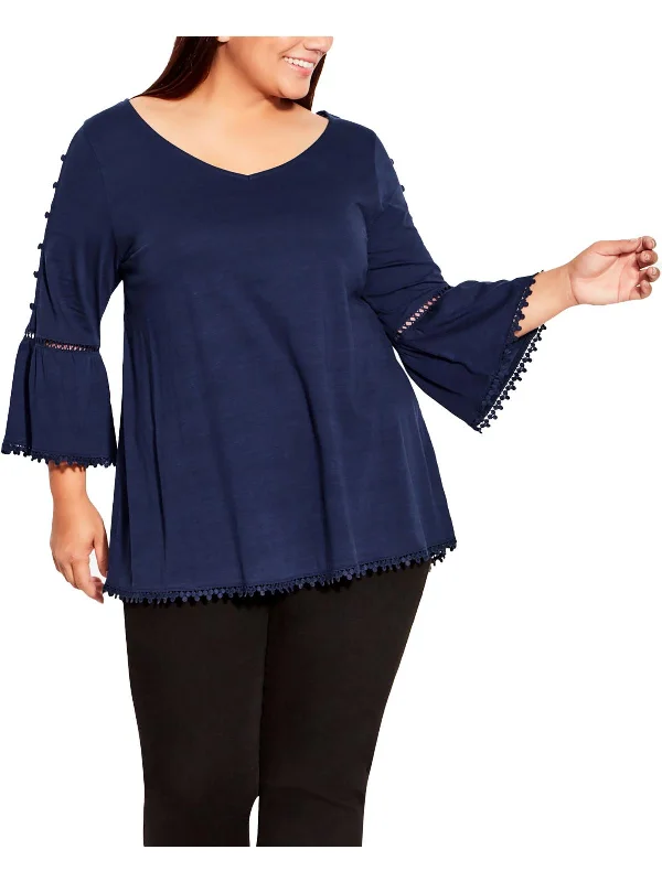 Plus Womens Crochet Trim Open-Stitch Pullover Top