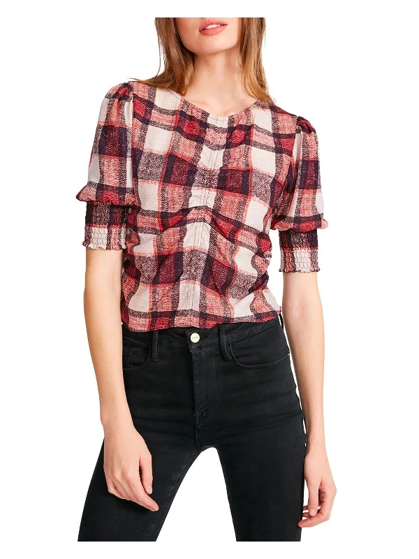 Idea Womens Plaid Rouched Pullover Top