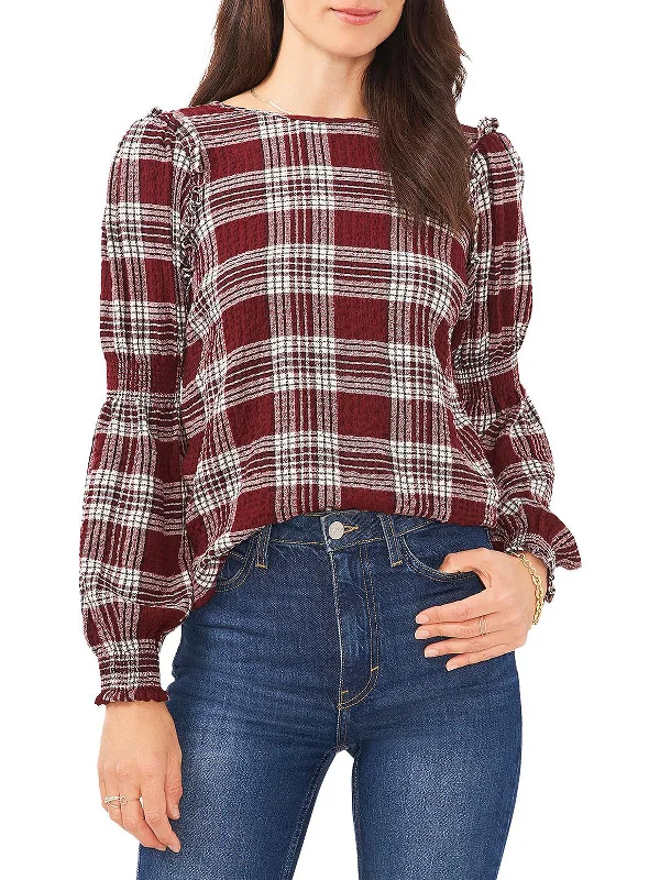 Womens Plaid Ruffled Pullover Top