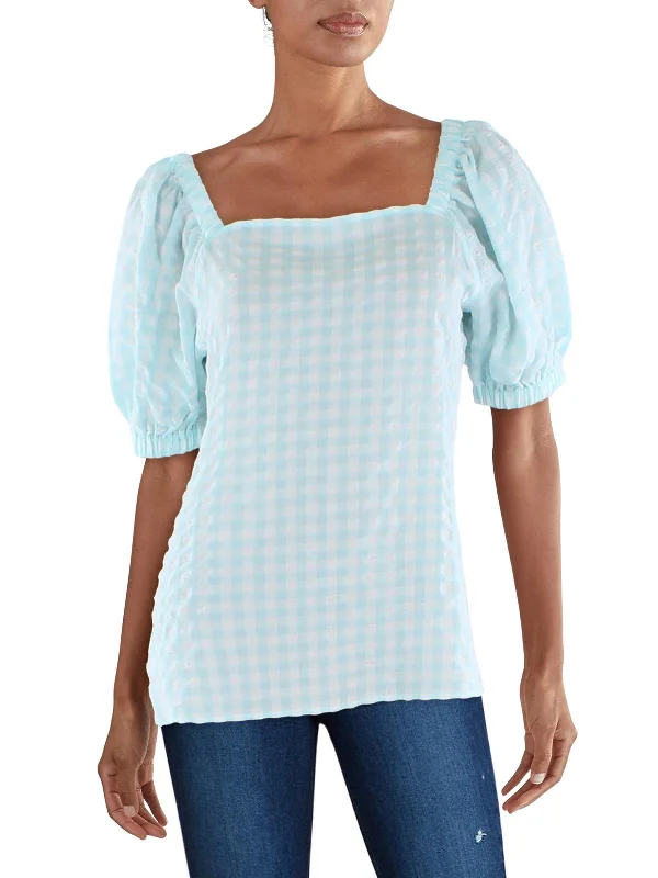 Womens Checkered Square-Neck Pullover Top