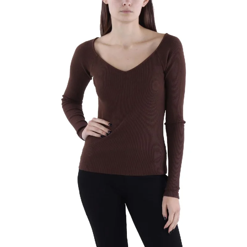 Womens V-Neck Ribbed Pullover Top