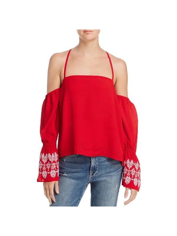 Womens Embroidered Off-the-Shoulders Pullover Top