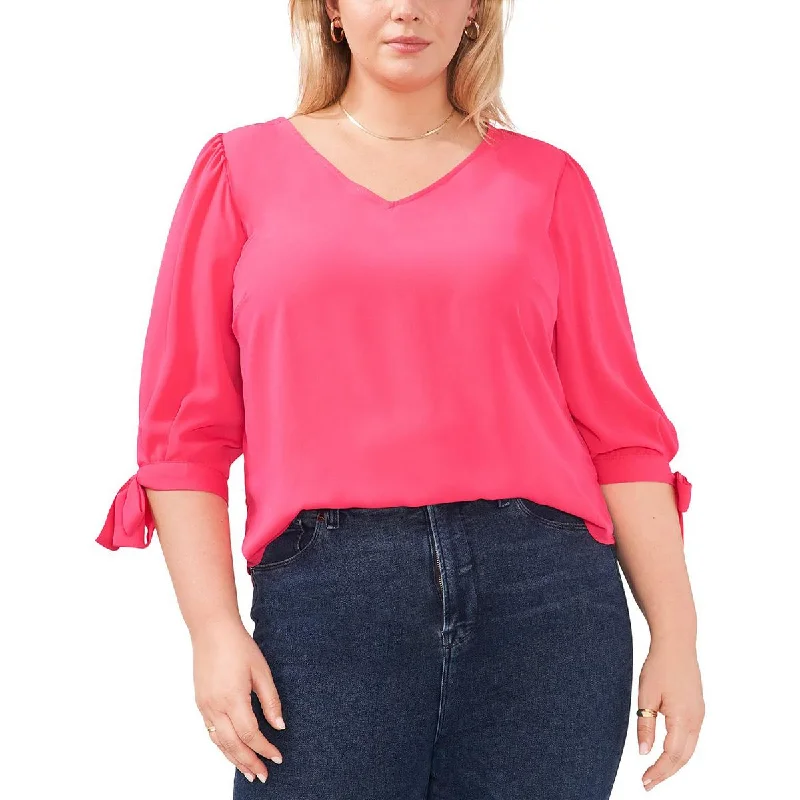 Plus Womens Tie Sleeve V-Neck Pullover Top