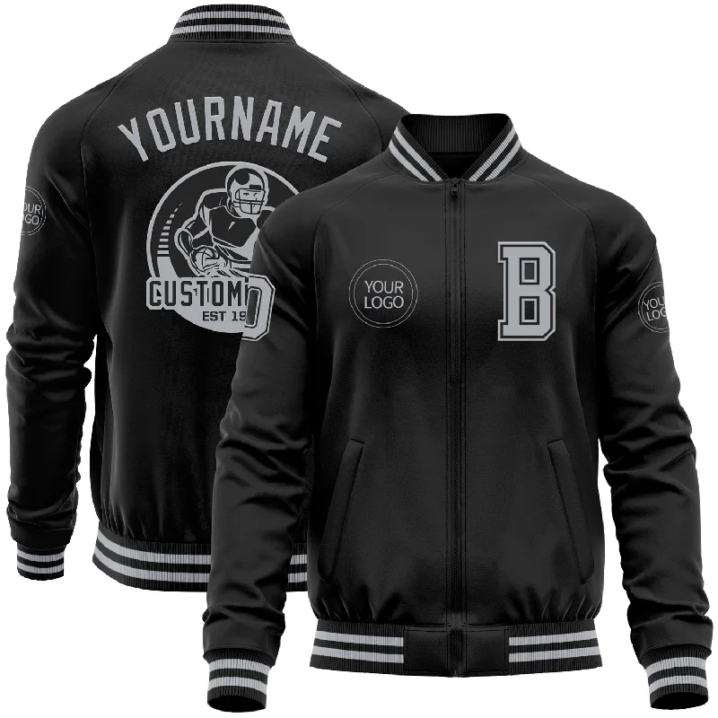 Custom Black Gray Bomber Varsity Letterman Zipper Jacket