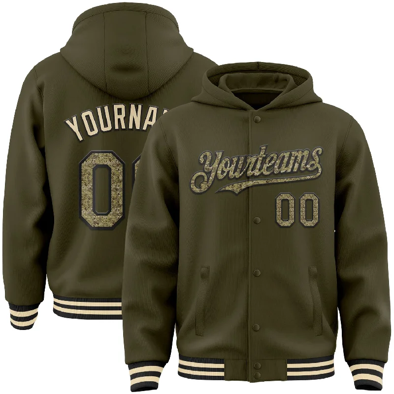 Custom Olive Camo Black-Cream Bomber Full-Snap Varsity Letterman Salute To Service Hoodie Jacket