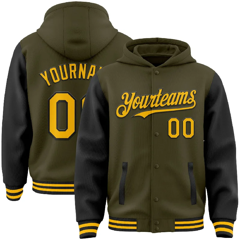 Custom Olive Gold-Black Bomber Full-Snap Varsity Letterman Two Tone Salute To Service Hoodie Jacket