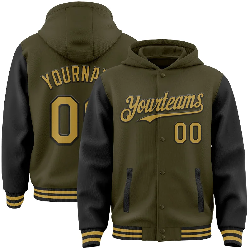 Custom Olive Old Gold-Black Bomber Full-Snap Varsity Letterman Two Tone Salute To Service Hoodie Jacket