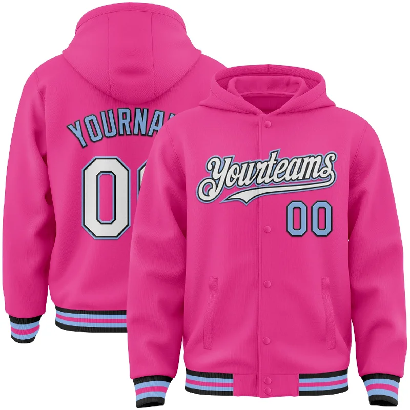 Custom Pink Black-Light Blue Bomber Full-Snap Varsity Letterman Hoodie Jacket