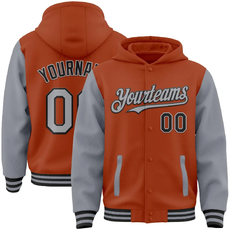 Custom Texas Orange Gray-Black Bomber Full-Snap Varsity Letterman Two Tone Hoodie Jacket