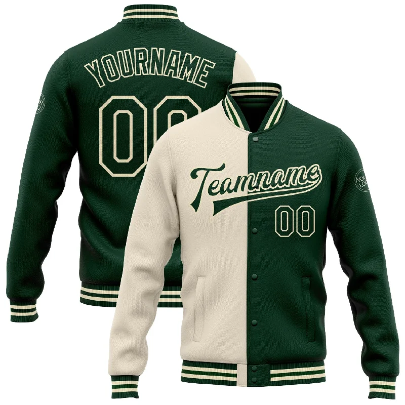 Custom Cream Green Bomber Full-Snap Varsity Letterman Split Fashion Jacket