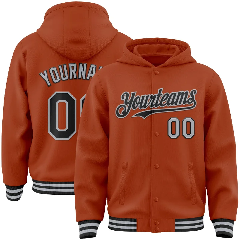 Custom Texas Orange Black-Gray Bomber Full-Snap Varsity Letterman Hoodie Jacket