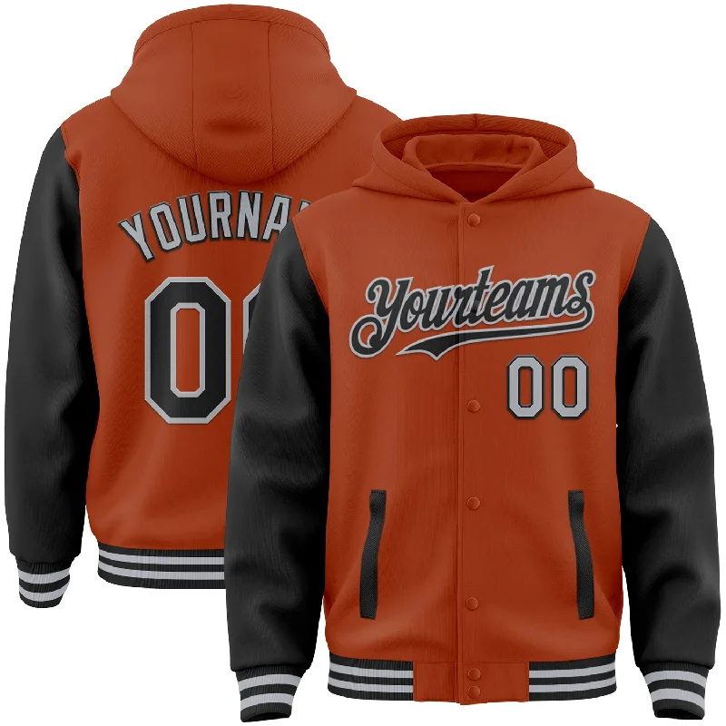 Custom Texas Orange Black-Gray Bomber Full-Snap Varsity Letterman Two Tone Hoodie Jacket