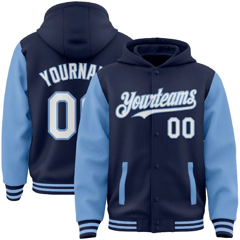 Custom Navy White-Light Blue Bomber Full-Snap Varsity Letterman Two Tone Hoodie Jacket