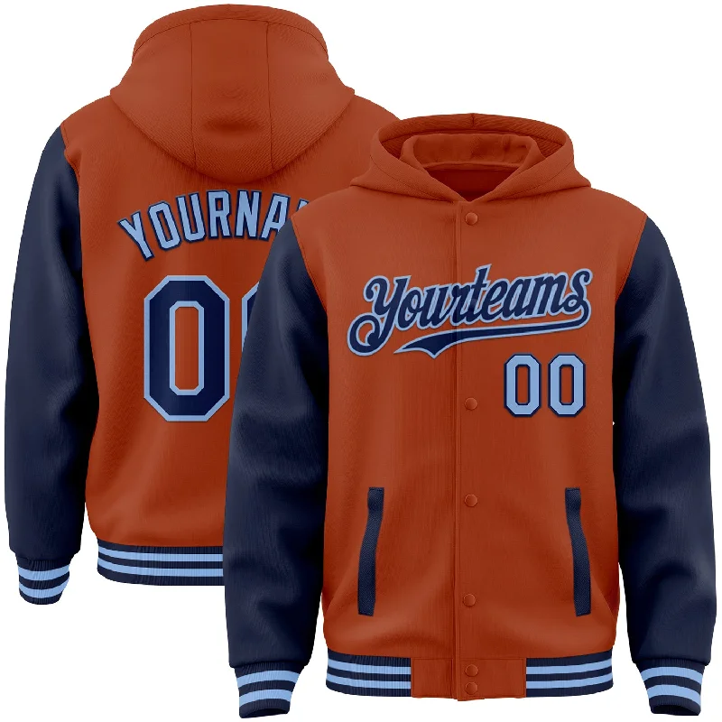 Custom Texas Orange Navy-Light Blue Bomber Full-Snap Varsity Letterman Two Tone Hoodie Jacket