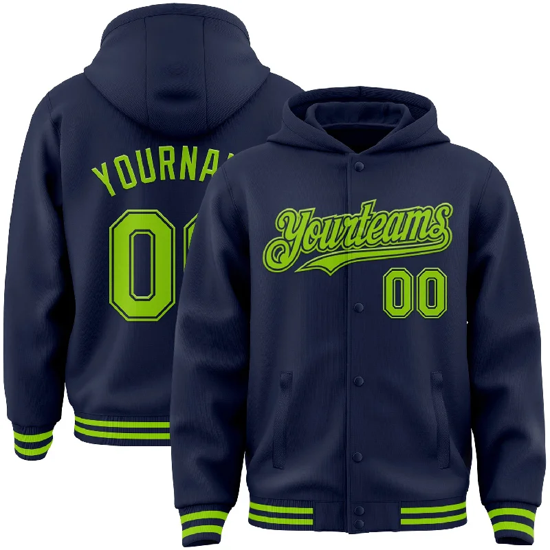 Custom Navy Neon Green Bomber Full-Snap Varsity Letterman Hoodie Jacket