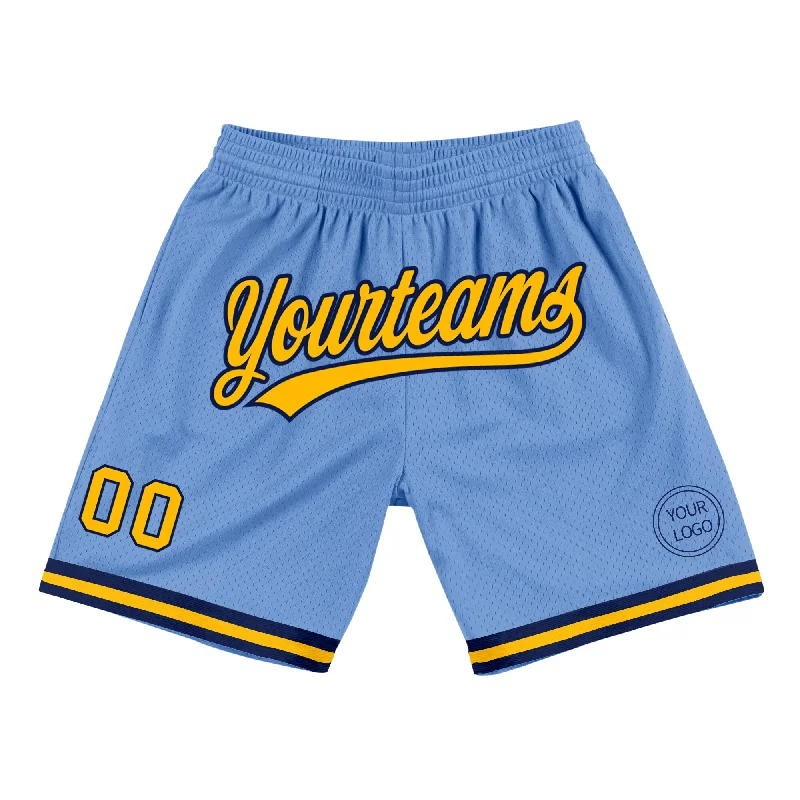 Custom Light Blue Gold-Navy Authentic Throwback Basketball Shorts