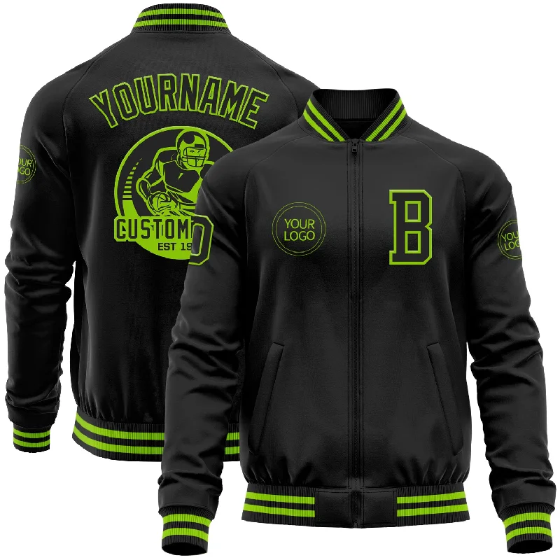 Custom Black Neon Green Bomber Varsity Letterman Zipper Jacket