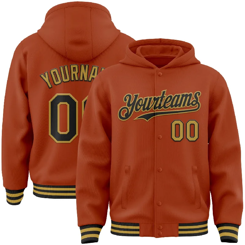 Custom Texas Orange Black-Old Gold Bomber Full-Snap Varsity Letterman Hoodie Jacket