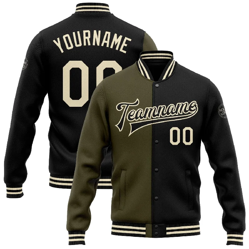 Custom Black Cream-Olive Bomber Full-Snap Varsity Letterman Split Fashion Jacket