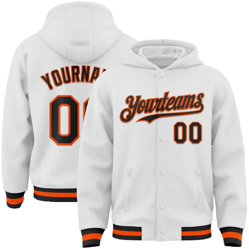 Custom White Black-Orange Bomber Full-Snap Varsity Letterman Hoodie Jacket