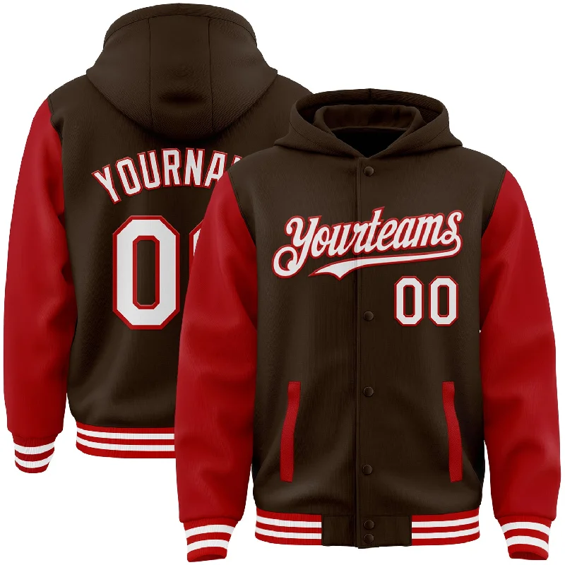 Custom Brown White-Red Bomber Full-Snap Varsity Letterman Two Tone Hoodie Jacket