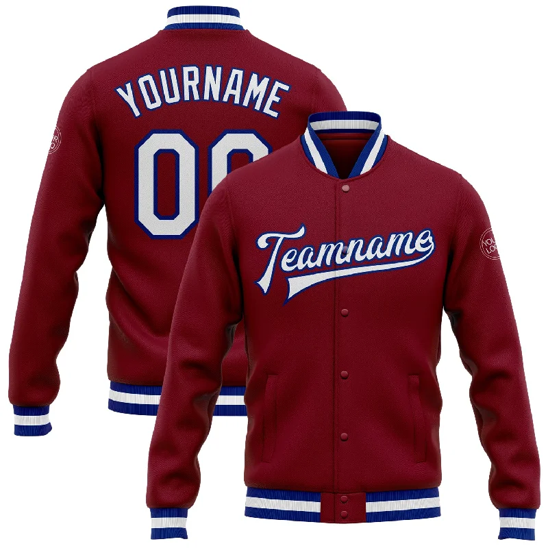 Custom Crimson White-Royal Bomber Full-Snap Varsity Letterman Jacket